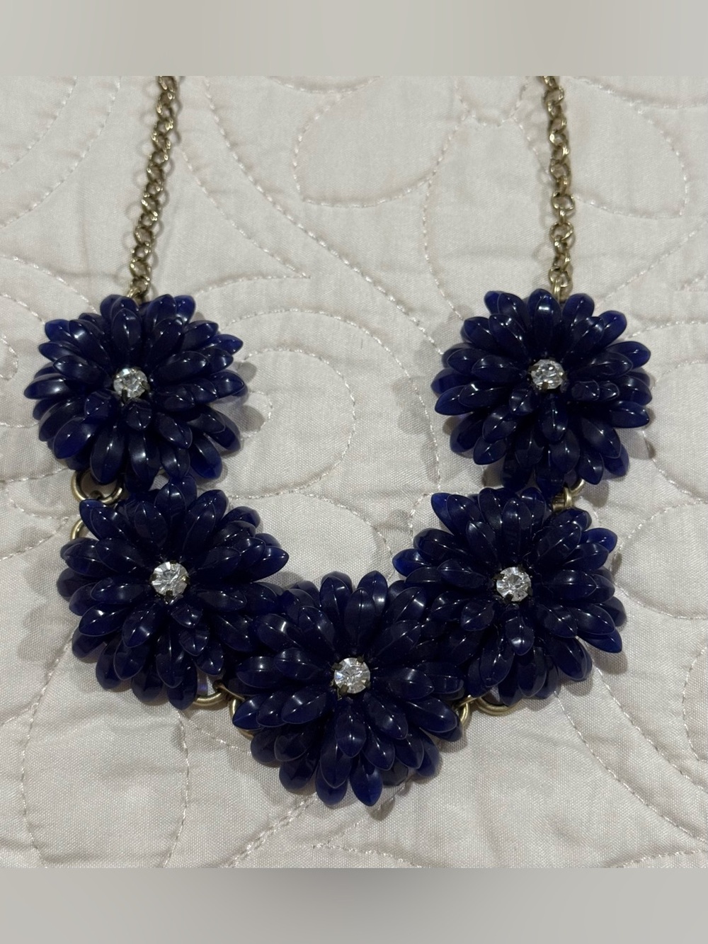 J. Crew Navy Blue Acrylic Floral Statement Necklace With Crystals Vintage RARE